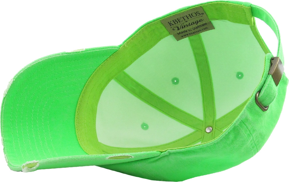 Neon Green Distressed Vintage Baseball Cap Inside Turned Over View